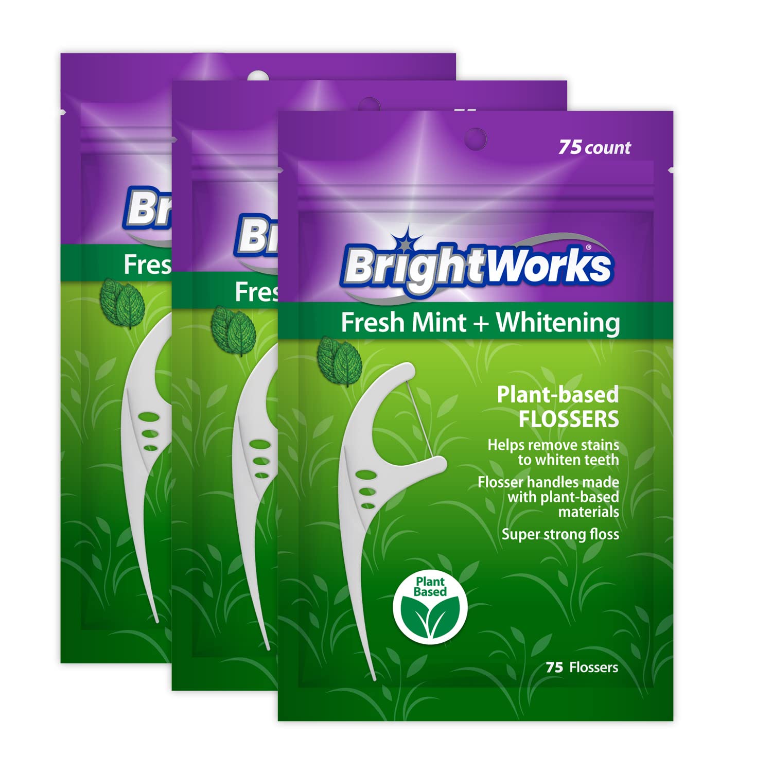 225 Piece BrightWorks Fresh Mint + Whitening Dental Flossers with Plant-Based Handles, Super-Strong Floss and Mint-Flavored Floss with Micro-Crystals, 75 Count (Pack of 3)