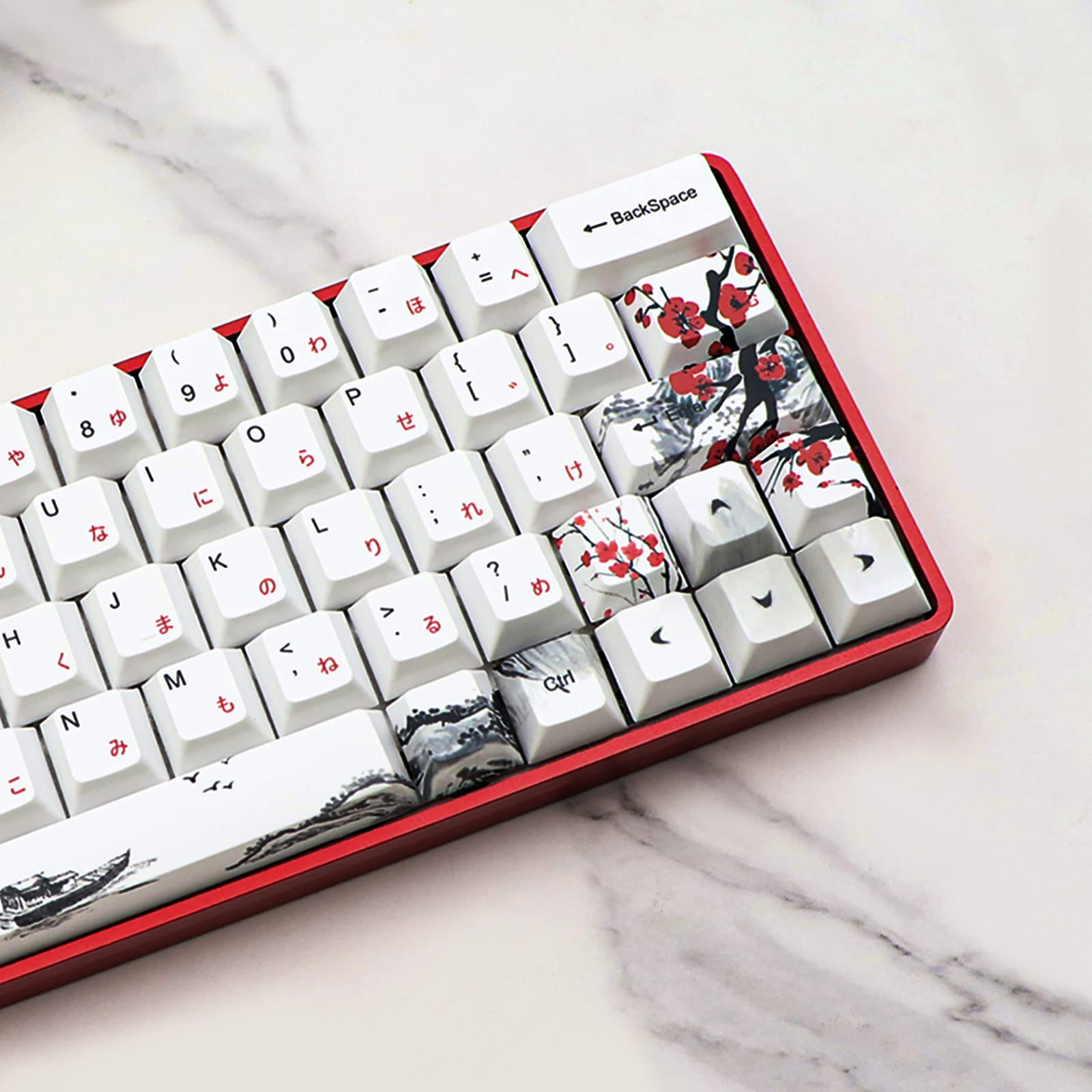 JSJT Plum Blossom Keycaps 135 Keys Japanese Keycaps PBT Custom Keycap Set Cherry Profile Key Caps for US/ISO Layout Cherry MX Switch 64 68 87 96 108 Gaming Mechanical Keyboard(6.25u/7u Spacebar)