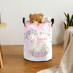 Custom Watercolor Floral Swan Pink Laundry Basket Handles Collapsible Hamper Foldable Storage Bin Living Room Office Bathroom Bedroom