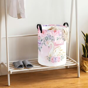 Custom Watercolor Floral Swan Pink Laundry Basket Handles Collapsible Hamper Foldable Storage Bin Living Room Office Bathroom Bedroom