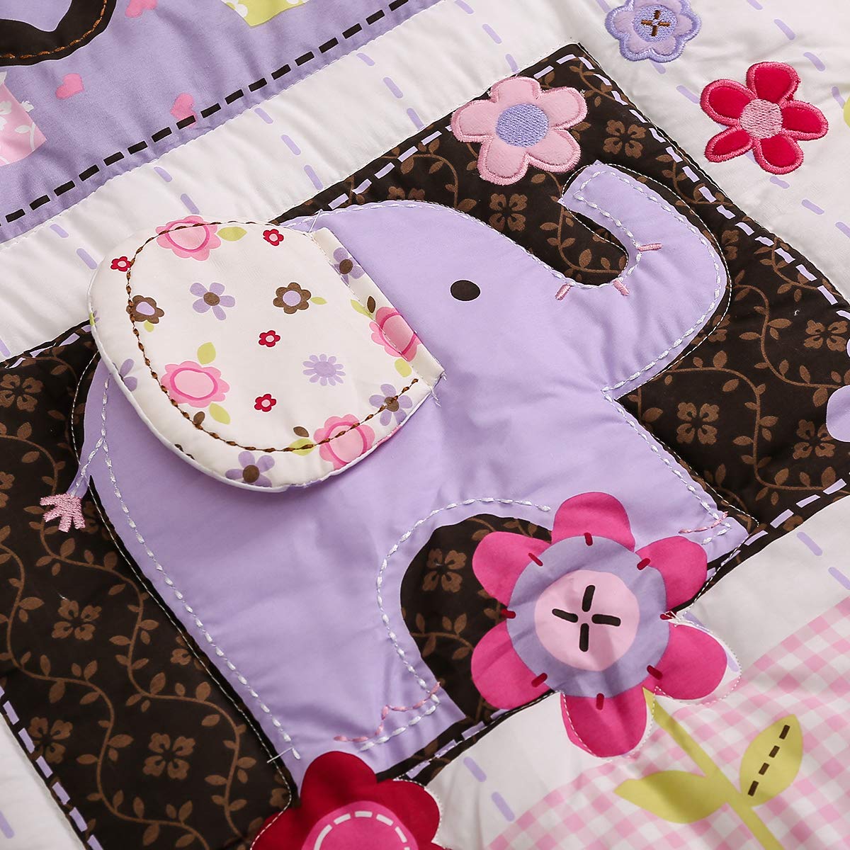 7 PCs Purple Embroidery Elephant Birds Nursery Crib Bedding Set Baby Girl Gift Idea, (CM-PEB7CS001)