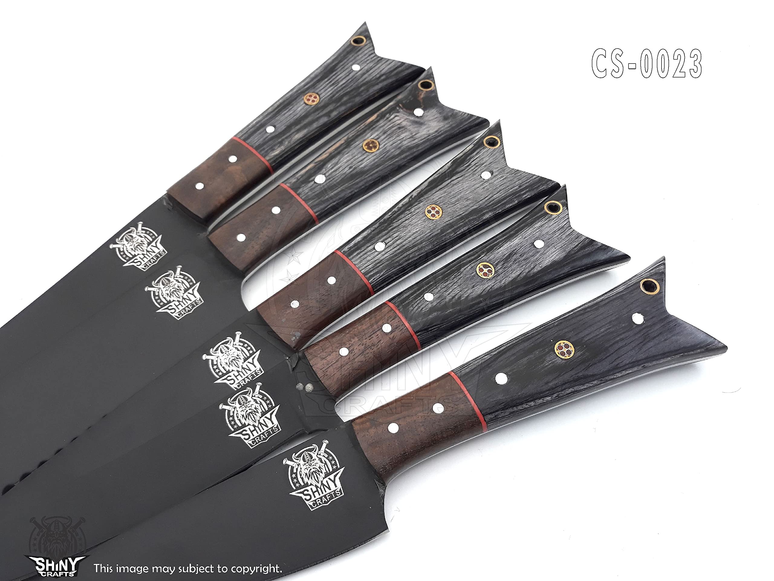 SHINY CRAFTS | Chef knife black Coated Kitchen Knife Set with wood handle and D 2 Steel Blade, Chef’s Knives set with Leather Pouch Roll (CS-23)