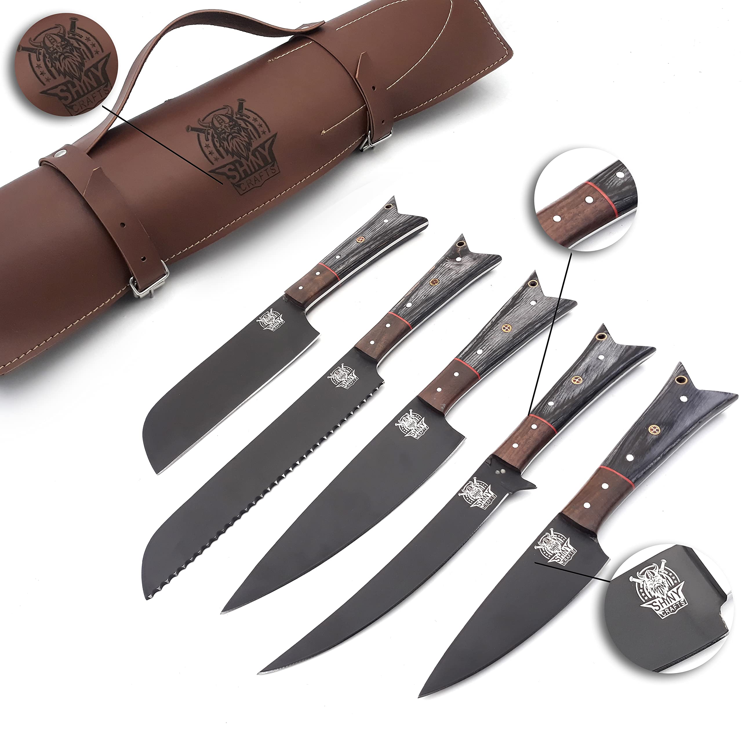 SHINY CRAFTS | Chef knife black Coated Kitchen Knife Set with wood handle and D 2 Steel Blade, Chef’s Knives set with Leather Pouch Roll (CS-23)