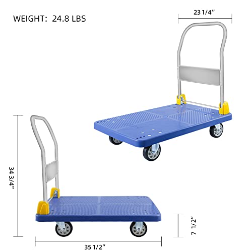 YSSOA Platform Truck with 880lb Weight Capacity and 360 Degree Swivel Wheels, Foldable Push Hand Cart for Loading and Storage, Blue