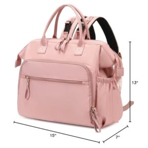 LORADI Convertible Diaper Bag Tote, Wide Open Top 14 Pockets Nappy Backpack with Stroller Clips, Water-resistant (Nylon, Pink)