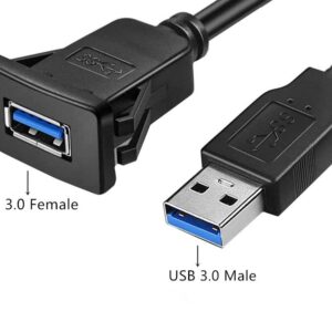 Qaoquda Square USB 3.0 Flush Mount Cable, USB 3.0 Male to Female Flush Panel Mount Extension Cable for Car, Boat and Motorcycle Dashboard 1M/3ft