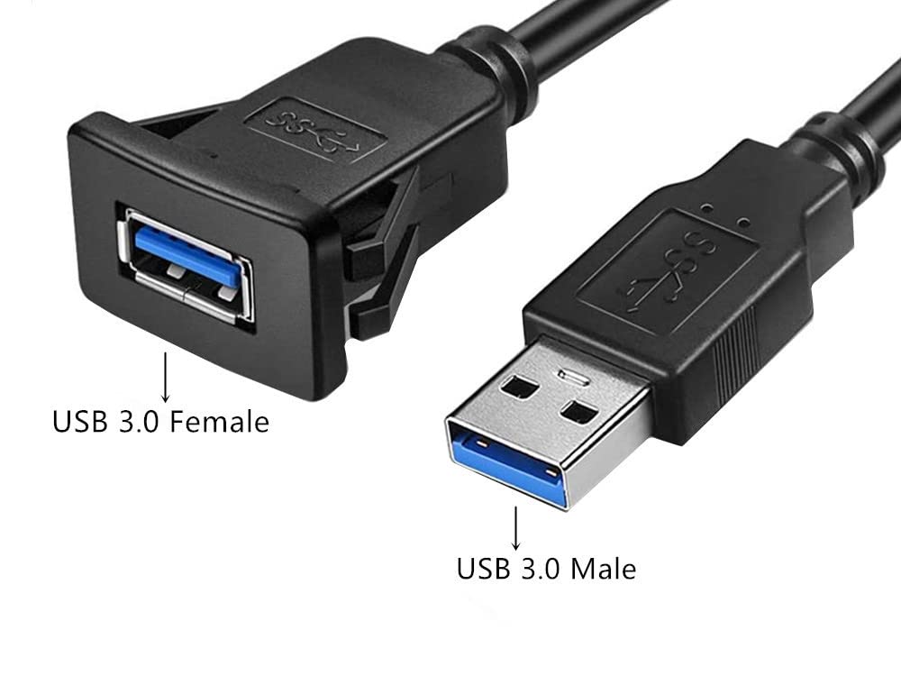 Qaoquda Square USB 3.0 Flush Mount Cable, USB 3.0 Male to Female Flush Panel Mount Extension Cable for Car, Boat and Motorcycle Dashboard 1M/3ft