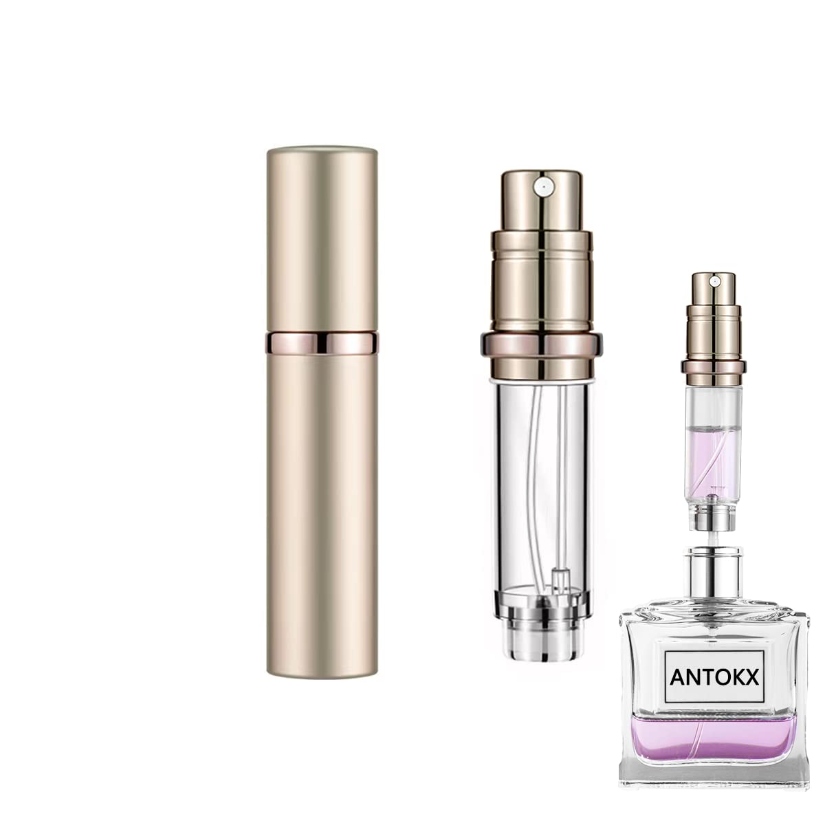 ANTOKX Travel Perfume Bottle Refillable Atomizer - 5ML Perfume Atomiser, Pocket Perfume Dispenser, Scent Pump Case, Leakproof Portable Perfume Sprayer for Women and Men (Gold)