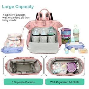 LORADI Convertible Diaper Bag Tote, Wide Open Top 14 Pockets Nappy Backpack with Stroller Clips, Water-resistant (Nylon, Pink)