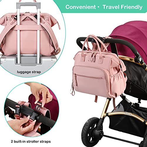 LORADI Convertible Diaper Bag Tote, Wide Open Top 14 Pockets Nappy Backpack with Stroller Clips, Water-resistant (Nylon, Pink)