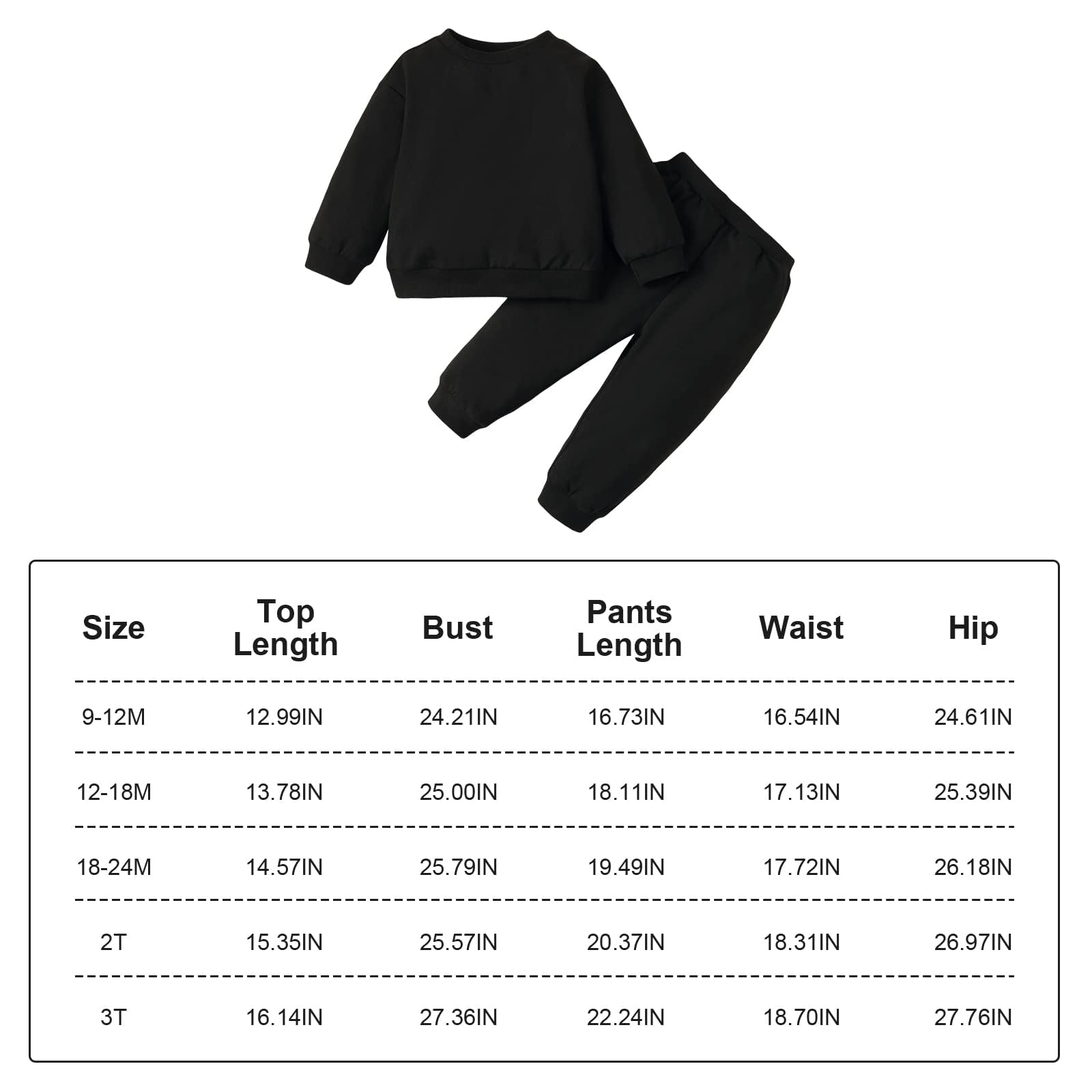 DEFAHN Toddler Baby Boy Girl Clothes Fall Black Sweatshirt Long Sleeve Top Pants 2PCS Winter Outfit Set (Black, 18-24 Months)