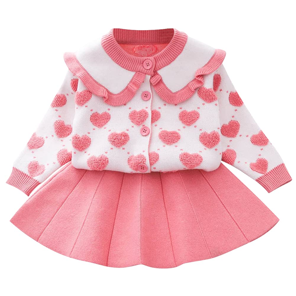 2pcs Toddler Kids Baby Girl Clothes Set Tweed Plaid Long Sleeve Button Top Coat Pleated Mini Tutu Skirts Winter Autumn Outfits Little Girls Sweater Sets Suéter de Niña Pequeña Pink Heart 18-24Months