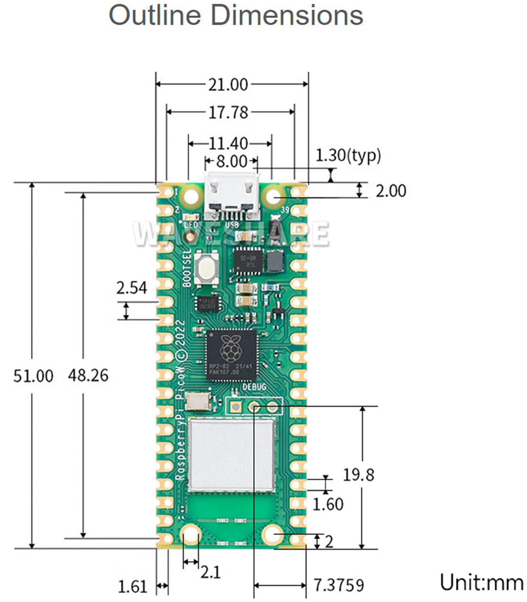 Built-in WiFi Raspberry Pi Pico W with Pre-Soldered Header, Support 2.4 GHZ Wi-Fi 4, Based on Official RP2040 Dual-core Processor,Dual-core Arm Cortex M0+ Processor