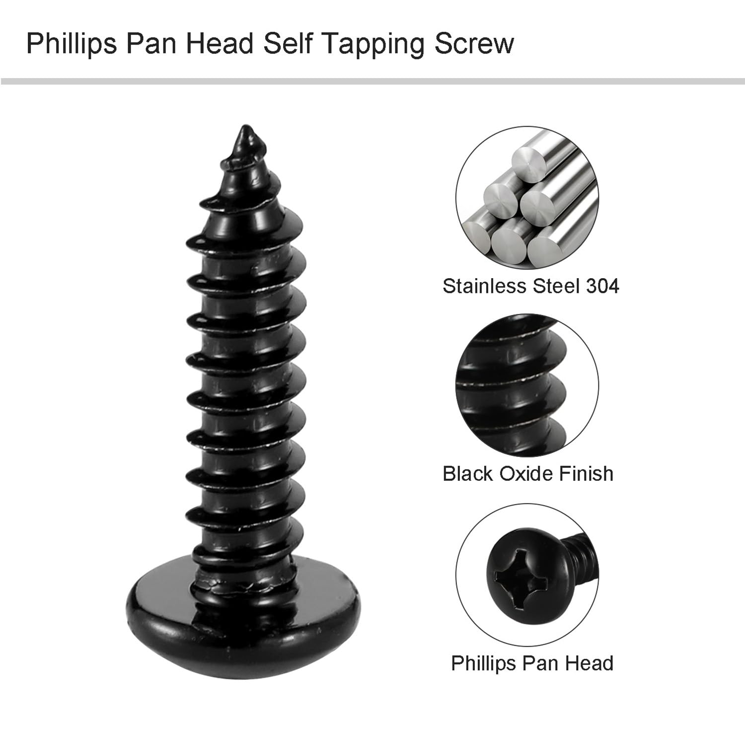 #10 x 1/2" Phillips Pan Head Self Tapping Screw, Pan Head Sheet Metal Screws Wood Screws, Black Oxide Stainless Steel 304 (18-8), 100 Pack