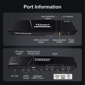 DisplayPort and HDMI KVM Switch 2 Monitors 2 Computers, TESmart 4 Port Dual Monitor KVM Switcher, 4K@60Hz, L/R Out, Keyboard Mouse PC Selector Box with All Input Cables (Black）