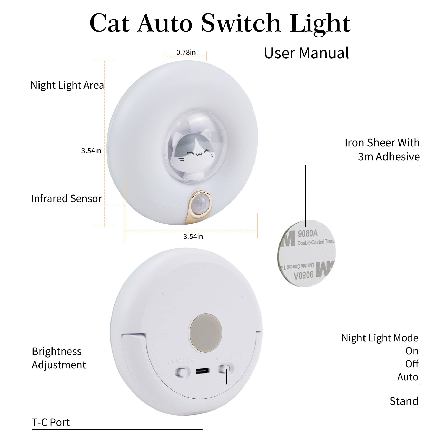 Cute Cat Motion Sensor Night Light Cordless Rechargeable Magnetic Nightlights Adjustable Brightness Stick Anywhere Cat Lamp for Kids Baby Bedroom Cabinet Closet Stairs Wall Lights for Hallway Nursery