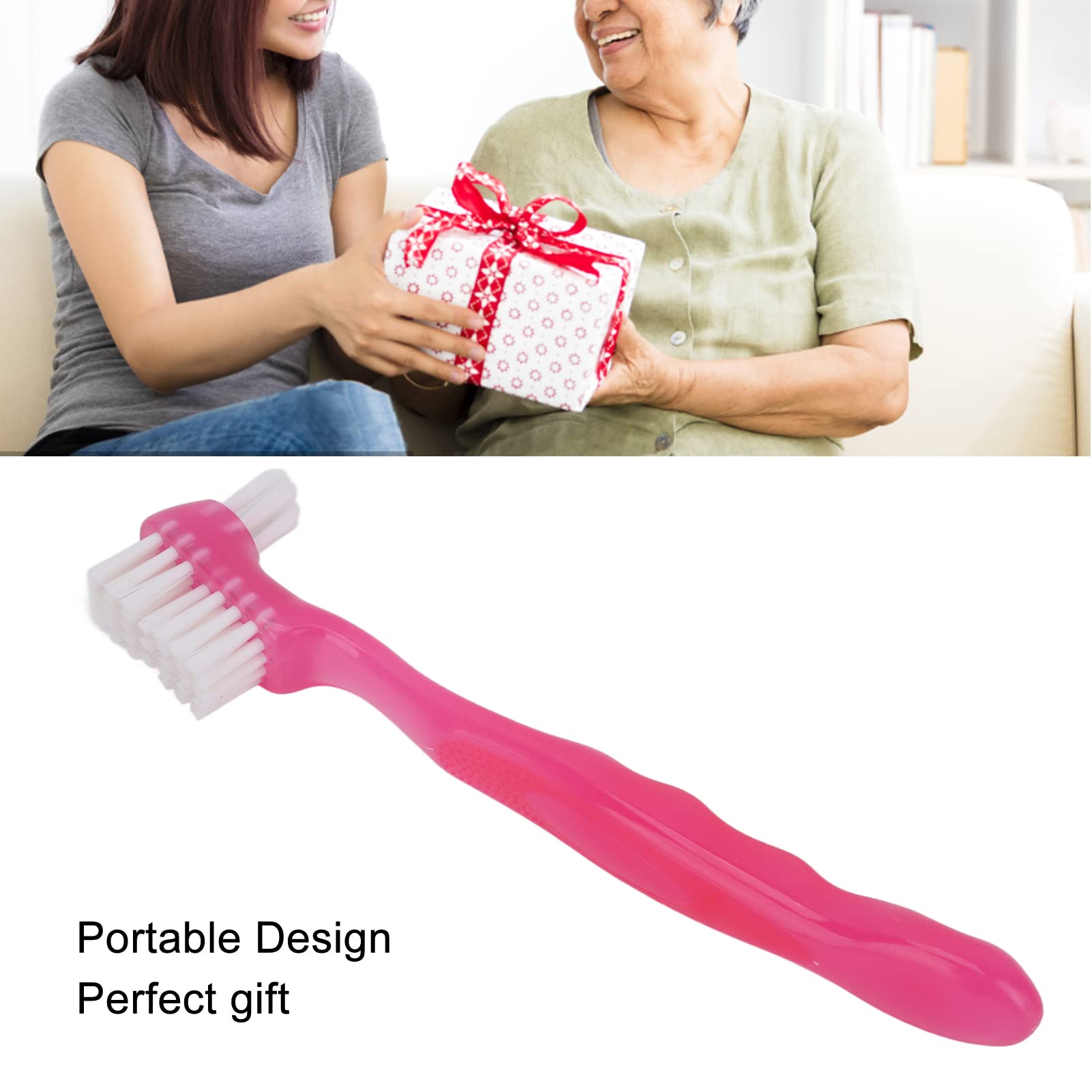 False Teeth Brush, Teeth Cleaning for Elderly, Portable Plaque, Dirt Removal, Denture Gift Home, Travel, Dental Manual Brushes pro(Pink)