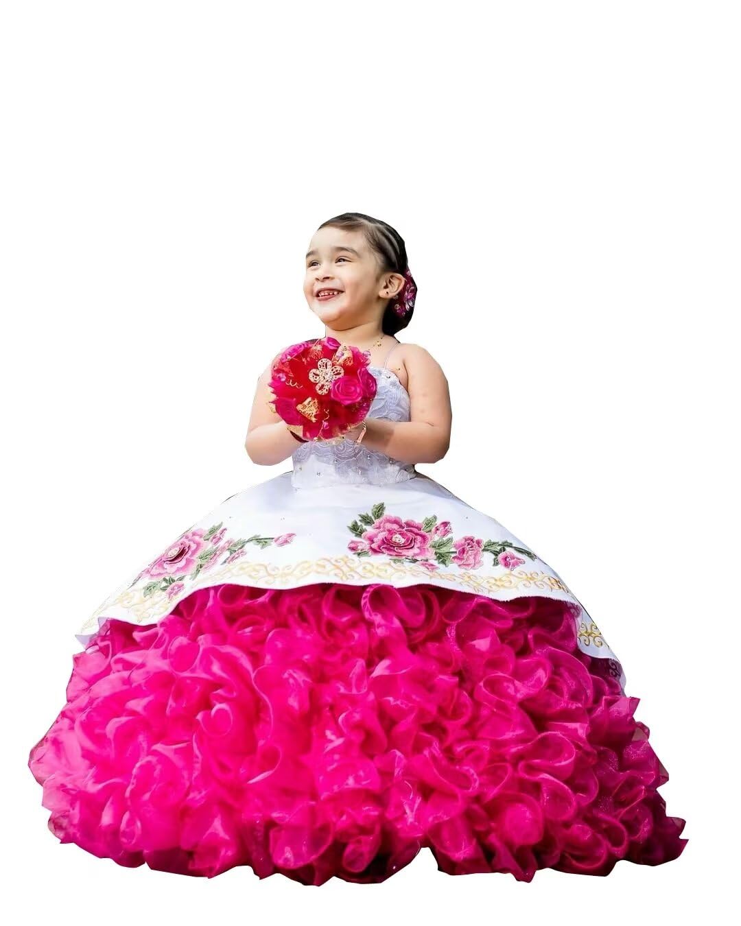 Hot Pink Floral Flower Patterns Ball Gowns for Toddler Infant Cupcake Flower Girl Dresses for Wedding with Straps Gold Embroidery White Satin Ruched 6