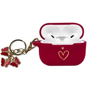 aiiekz compatible with airpods pro 2 case cover 2022, soft silicone case with gold heart pattern for airpods pro 2nd generation case with cute butterfly keychain for girls women (burgundy)