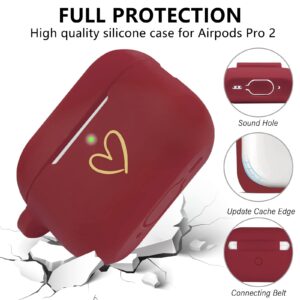 AIIEKZ Compatible with AirPods Pro 2 Case Cover 2022, Soft Silicone Case with Gold Heart Pattern for AirPods Pro 2nd Generation Case with Cute Butterfly Keychain for Girls Women (Burgundy)