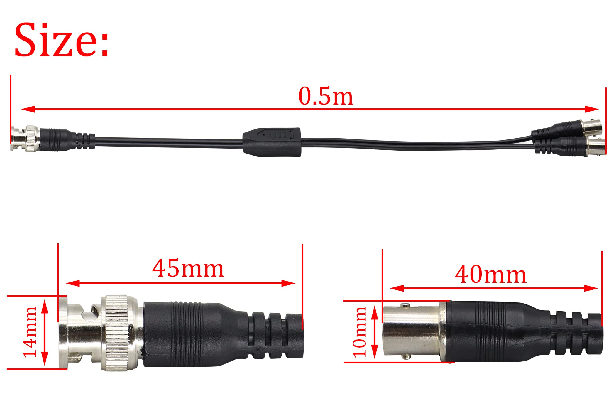 HCFeng BNC Male to Dual BNC Female Adapter Cable BNC RG-58/U Grade Coaxial Y Splitter Cable BNC Female to DIN (75Ohm) RG59 Video Adapter Cable for Security Camera CCTV Systems[2pack/1.3ft]