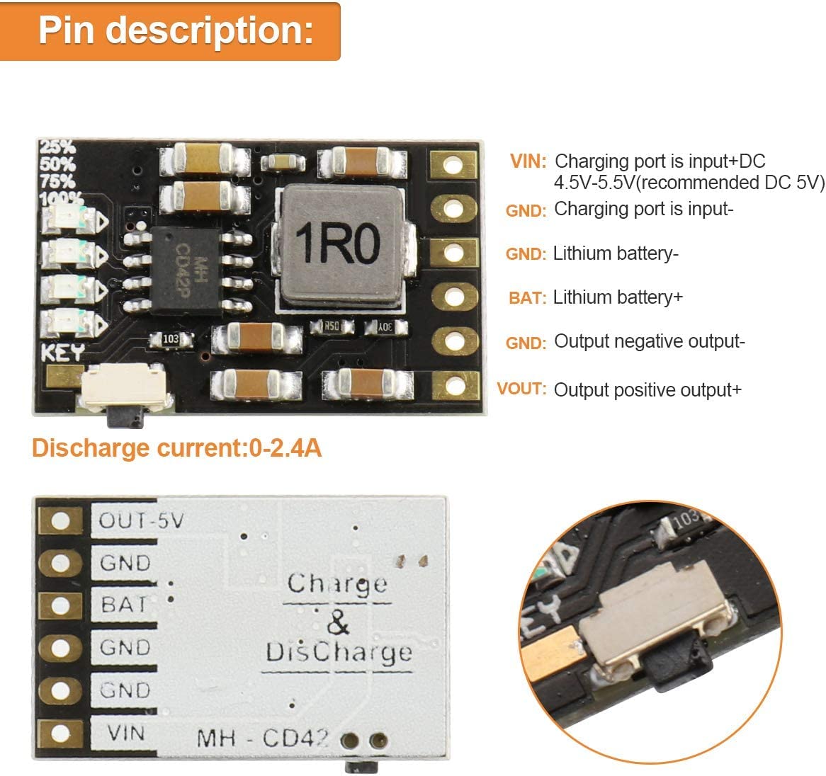 Discharge Integrated Charging Protection Module :6pcs 2A 5V Module 3.7V 4.2V for 186 50 Lithium Battery Charging Boost Mobile Power Protection PCB Board