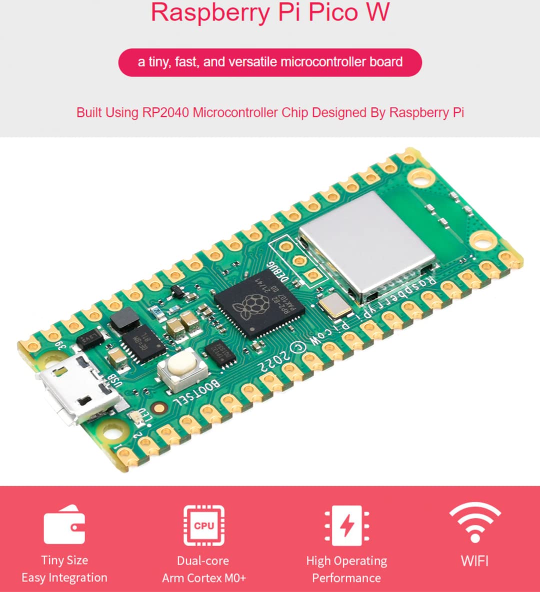 Built-in WiFi Raspberry Pi Pico W with Pre-Soldered Header, Support 2.4 GHZ Wi-Fi 4, Based on Official RP2040 Dual-core Processor,Dual-core Arm Cortex M0+ Processor