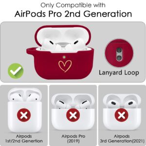 AIIEKZ Compatible with AirPods Pro 2 Case Cover 2022, Soft Silicone Case with Gold Heart Pattern for AirPods Pro 2nd Generation Case with Cute Butterfly Keychain for Girls Women (Burgundy)