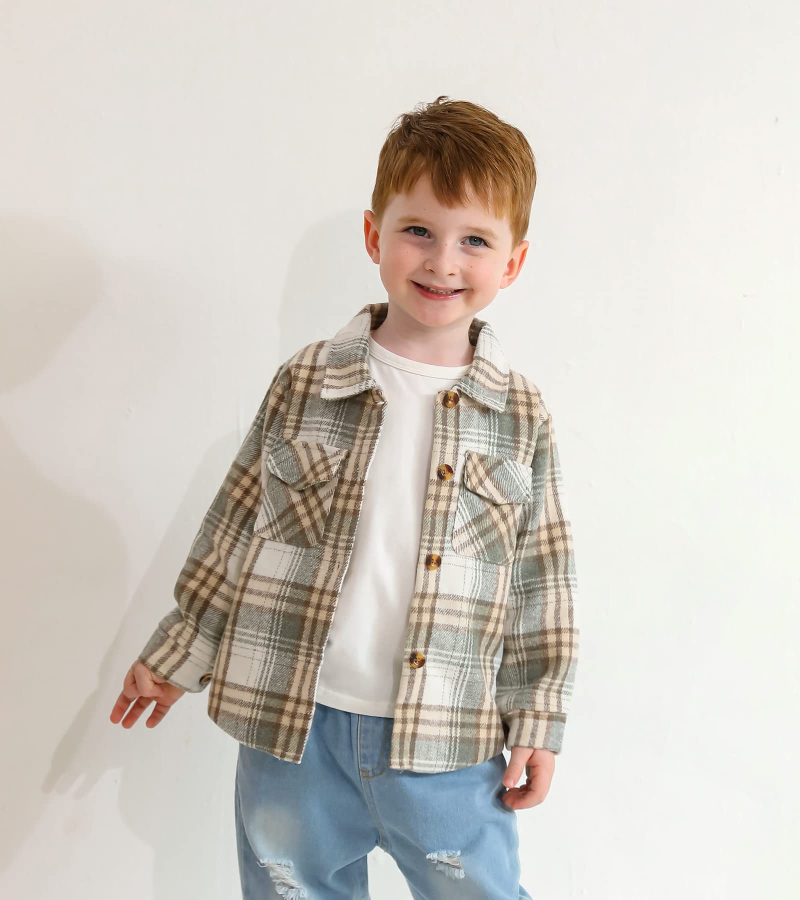 YOUNGER TREE Toddler Baby Boys Girls Jacket Plaid Flannel Long Sleeve Button Down Shacket Kids Boy Coat Fall Winter Top(Grey/Green,3-4T)