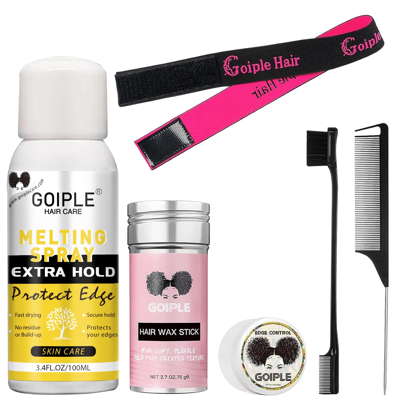 Goiple Lace Melting Spray for Wigs, Closures & Extensions - Styling Agent with Strong Natural Finish, Fast Drying, Water & Oil Resistant, Includes Hair Adhesive, Edge Control Wax & Hair Wax Stick