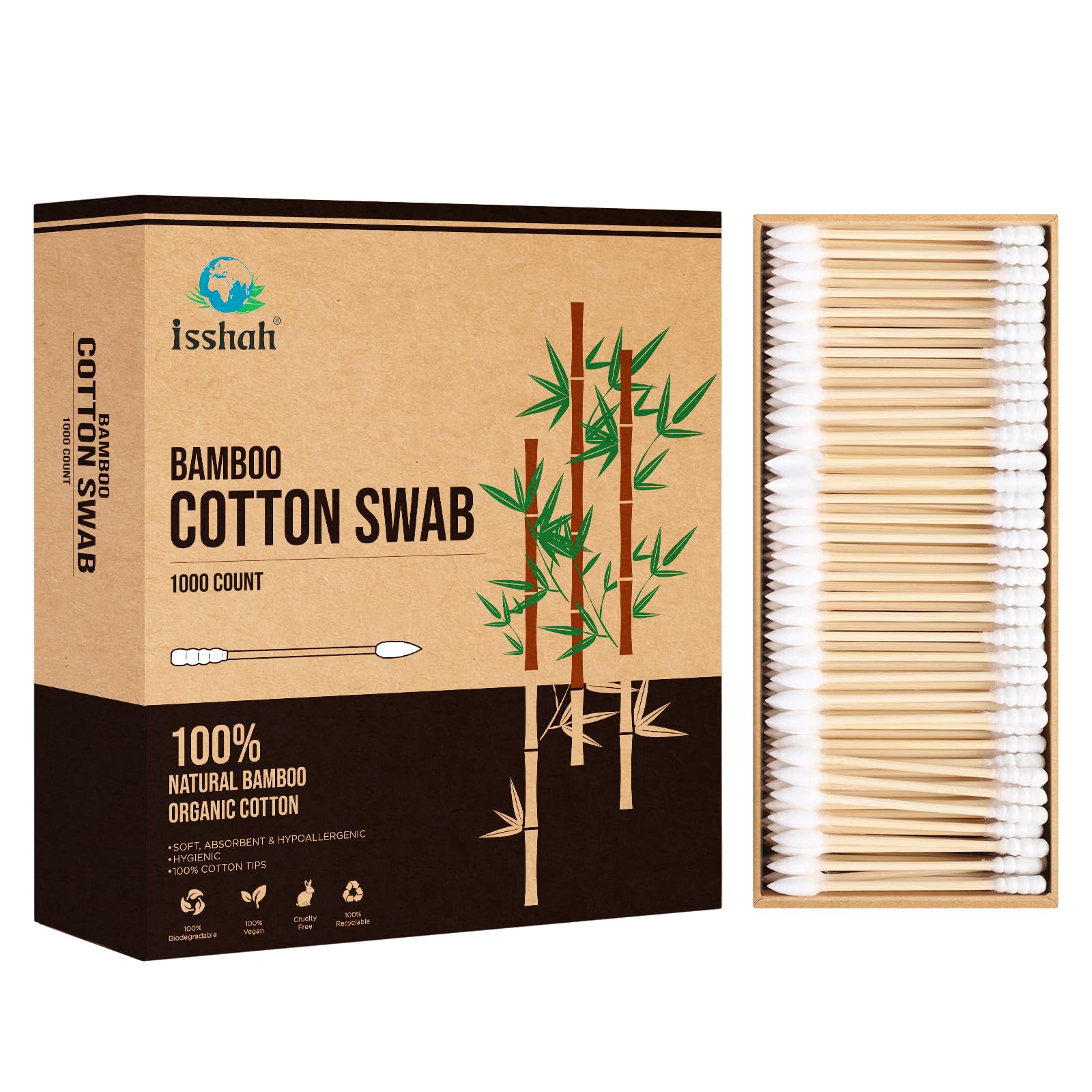 Bamboo Cotton Swabs - 1000 Count - Pointed & Spiral Heads- 100% Biodegradable Cotton Buds | Natural & Sustainable Makeup Remover | Organic Cotton Heads | FSC Certified and PETA Approved.