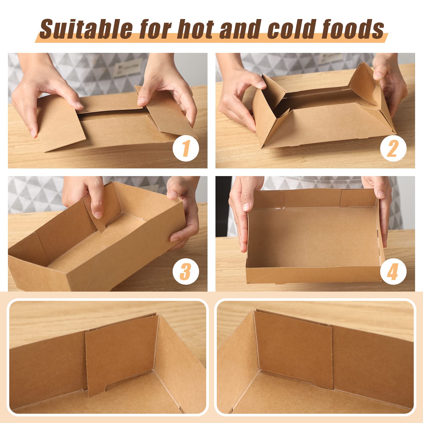 200 Pcs Kraft Paper Food Tray and Checkered Food Wrapping Paper Set 4 Corner Pop up Paperboard Food Box Disposable Foldable Cardboard Trays Brown Greaseproof Food Paper Box for Theater Stadium