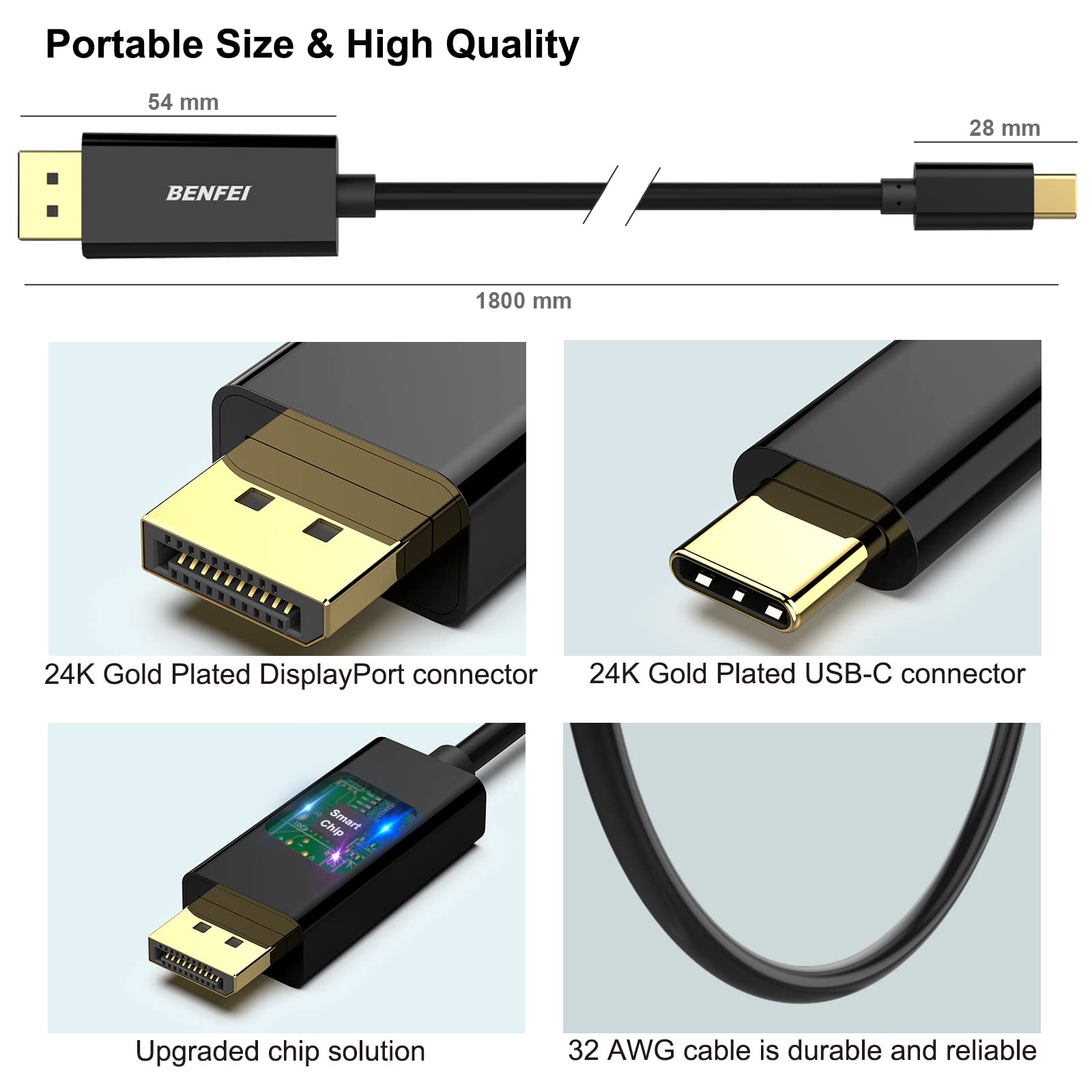 BENFEI 2 Pack USB C to DisplayPort 6 Feet Cable(8K@60Hz 4K@144Hz), USB Type-C to DP Adapter [Thunderbolt 3/4 Compatible] with iPhone 15 Pro/Max, MacBook Pro/Air 2023, iPad Pro, iMac, S23, XPS 17