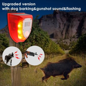 Solar Security Alarm Lights, 129dB Gunshot Sounds & Dog Barking Sound & Light Strobe Light Warning Lamp for Outdoor Farm Barn