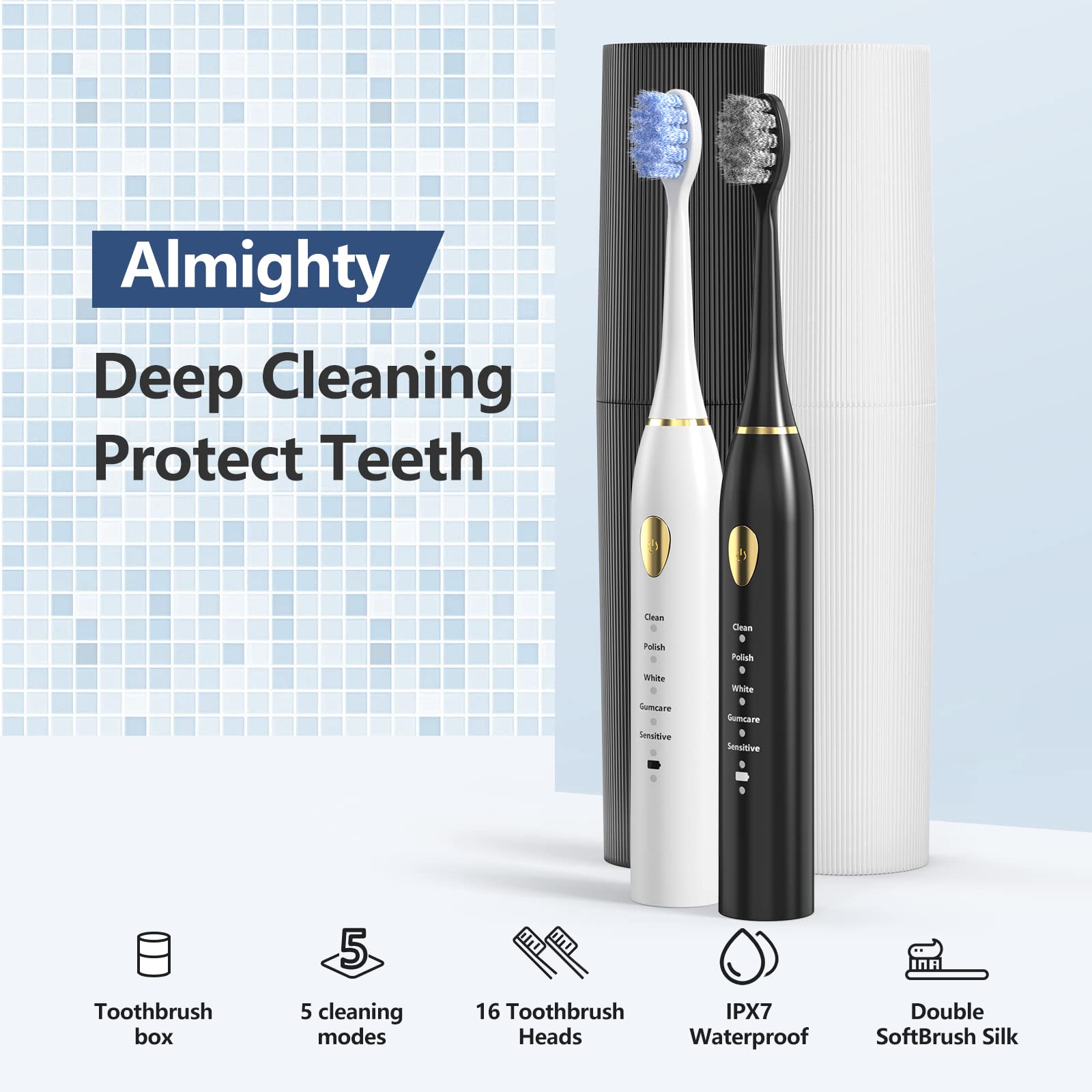 MOROLURU Electric Toothbrush Duo Dual Handle 5 Modes with Smart Timer and 16 Brush Heads & 2 Travel Cases Including IPX7 Waterproof ，Black&White