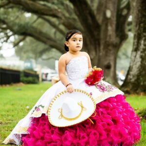 Hot Pink Floral Flower Patterns Ball Gowns for Toddler Infant Cupcake Flower Girl Dresses for Wedding with Straps Gold Embroidery White Satin Ruched 6