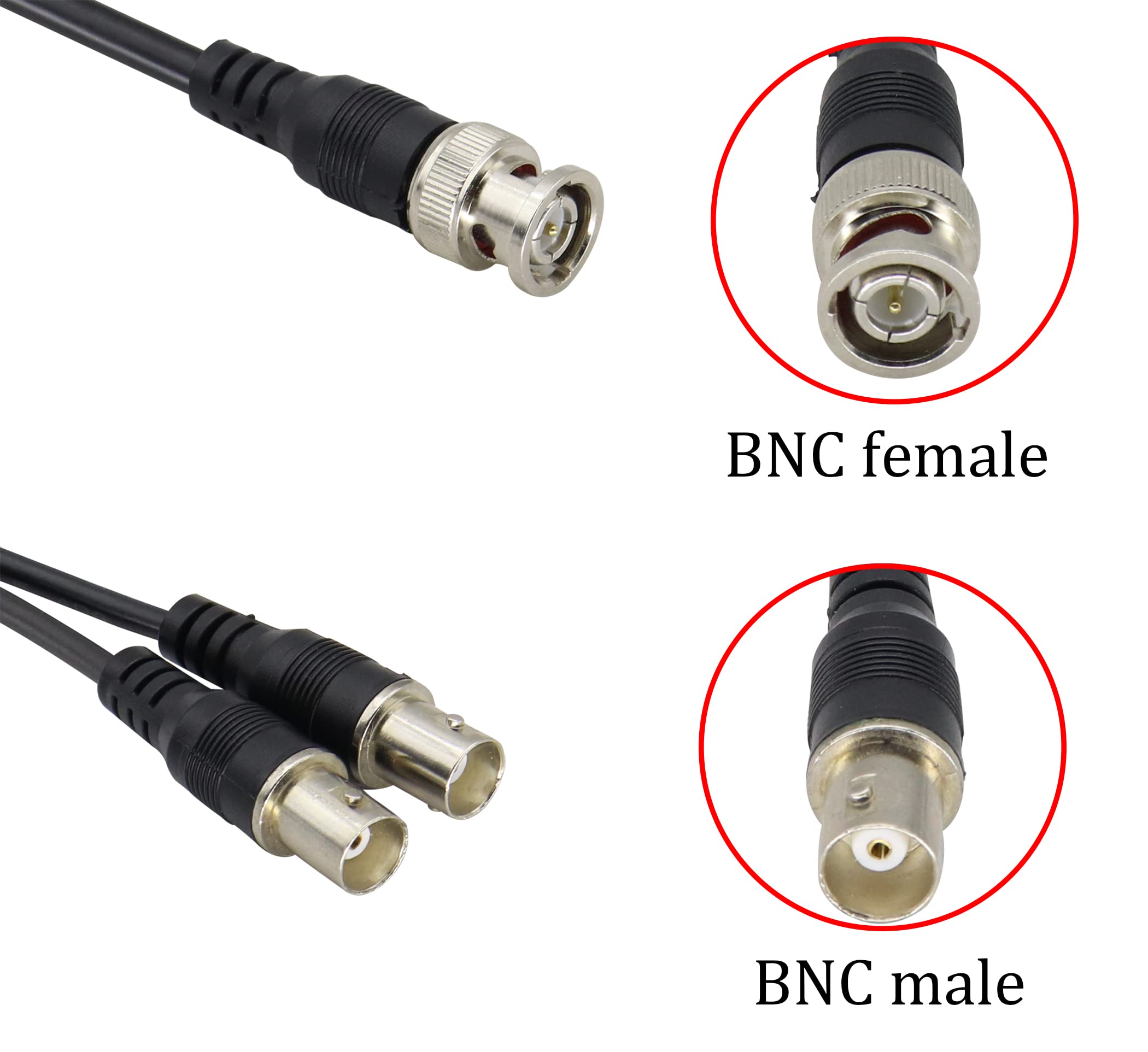 HCFeng BNC Male to Dual BNC Female Adapter Cable BNC RG-58/U Grade Coaxial Y Splitter Cable BNC Female to DIN (75Ohm) RG59 Video Adapter Cable for Security Camera CCTV Systems[2pack/1.3ft]