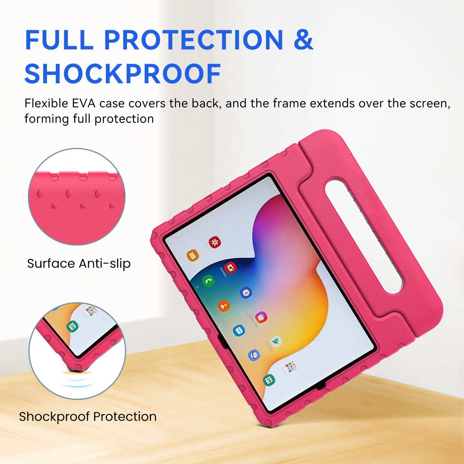 SIMPLEWAY Kids Case for Samsung Galaxy Tab S6 Lite 10.4 inch 2024/2020/2022 Release, Model SM-P625/SM-P620, SM-P610/P615, SM-P613/SM-P619, with S Pen Slot Shockproof Light Foldable Handle Rose