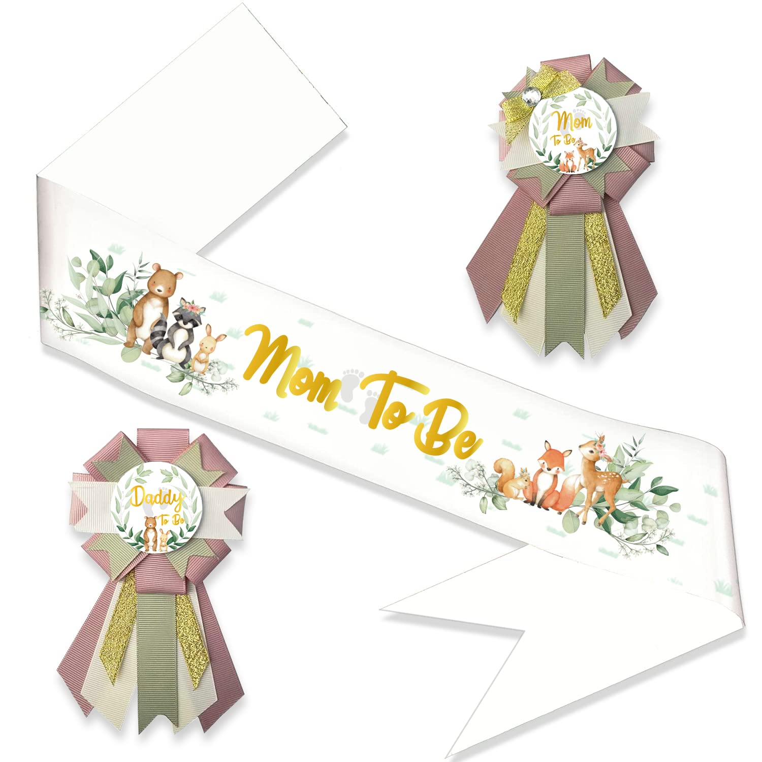 LXlucktim Woodland Baby Shower Sash for Baby Shower, Mom to be SashWoodland Animal Neutral Mom to Be & Daddy to Be Corsage Include Gold Glitter Letters Sash