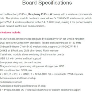 Built-in WiFi Raspberry Pi Pico W with Pre-Soldered Header, Support 2.4 GHZ Wi-Fi 4, Based on Official RP2040 Dual-core Processor,Dual-core Arm Cortex M0+ Processor