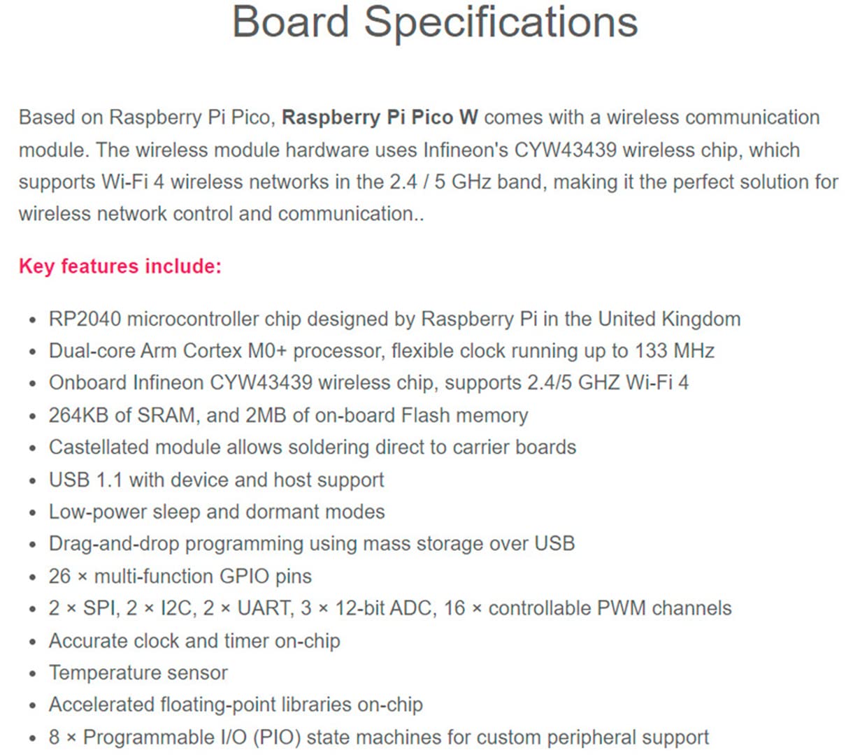 Built-in WiFi Raspberry Pi Pico W with Pre-Soldered Header, Support 2.4 GHZ Wi-Fi 4, Based on Official RP2040 Dual-core Processor,Dual-core Arm Cortex M0+ Processor