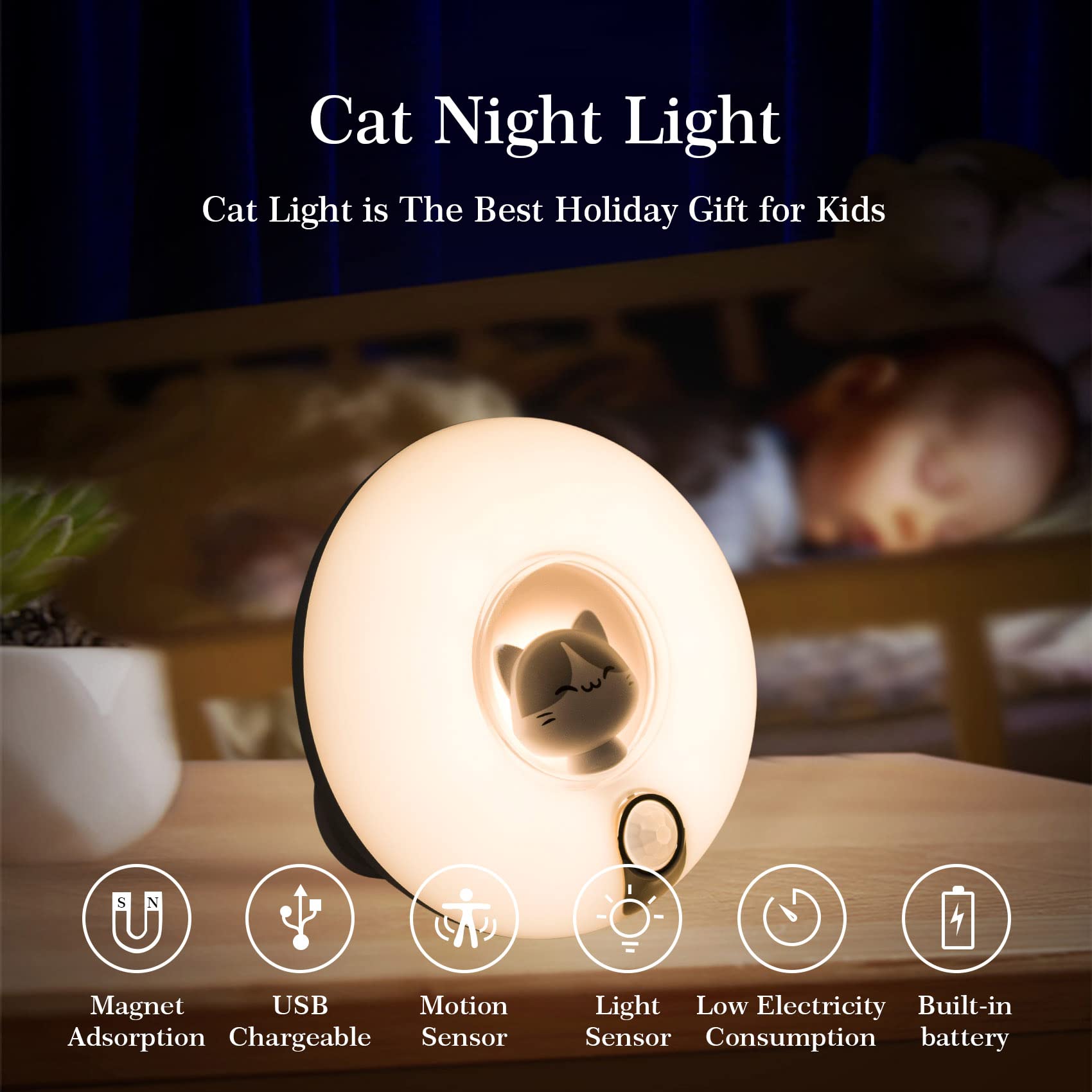 Cute Cat Motion Sensor Night Light Cordless Rechargeable Magnetic Nightlights Adjustable Brightness Stick Anywhere Cat Lamp for Kids Baby Bedroom Cabinet Closet Stairs Wall Lights for Hallway Nursery