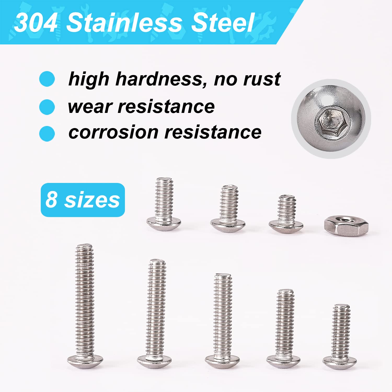 160PCS #8-32 UNC Stainless Steel Button Head Socket Cap Screws Bolts, Nuts Assortment Kit, Includes 8 Most Common Sizes (#8-32×3/4", 7/8", 1", 5/8", 1/2", 3/8", 5/16", 1/4")