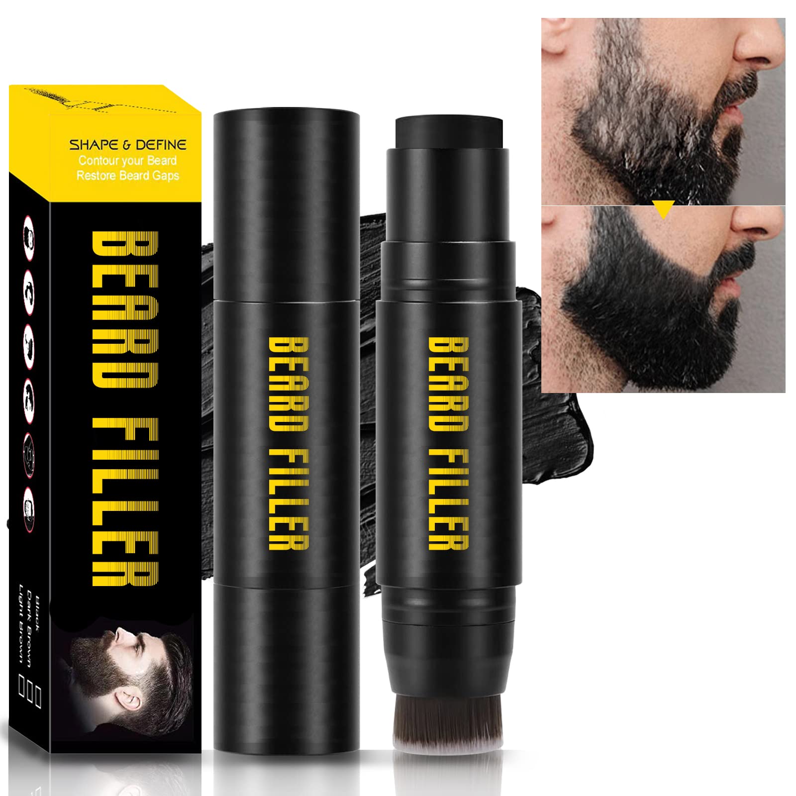 NewBang Beard Filler, 2-in-1 Filling Stick and Brush for Men, Waterproof Long-Lasting Natural Finish, Enhances Facial Hair and Moustache Makeup - Black