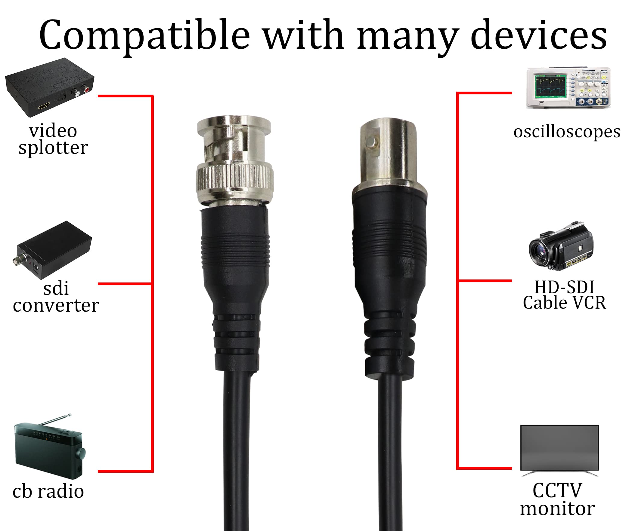 HCFeng BNC Male to Dual BNC Female Adapter Cable BNC RG-58/U Grade Coaxial Y Splitter Cable BNC Female to DIN (75Ohm) RG59 Video Adapter Cable for Security Camera CCTV Systems[2pack/1.3ft]