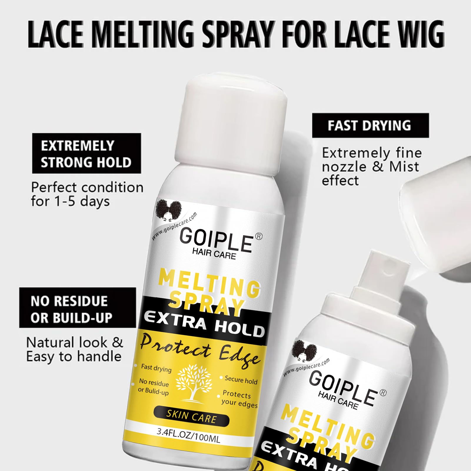 Goiple Lace Melting Spray for Wigs, Closures & Extensions - Styling Agent with Strong Natural Finish, Fast Drying, Water & Oil Resistant, Includes Hair Adhesive, Edge Control Wax & Hair Wax Stick