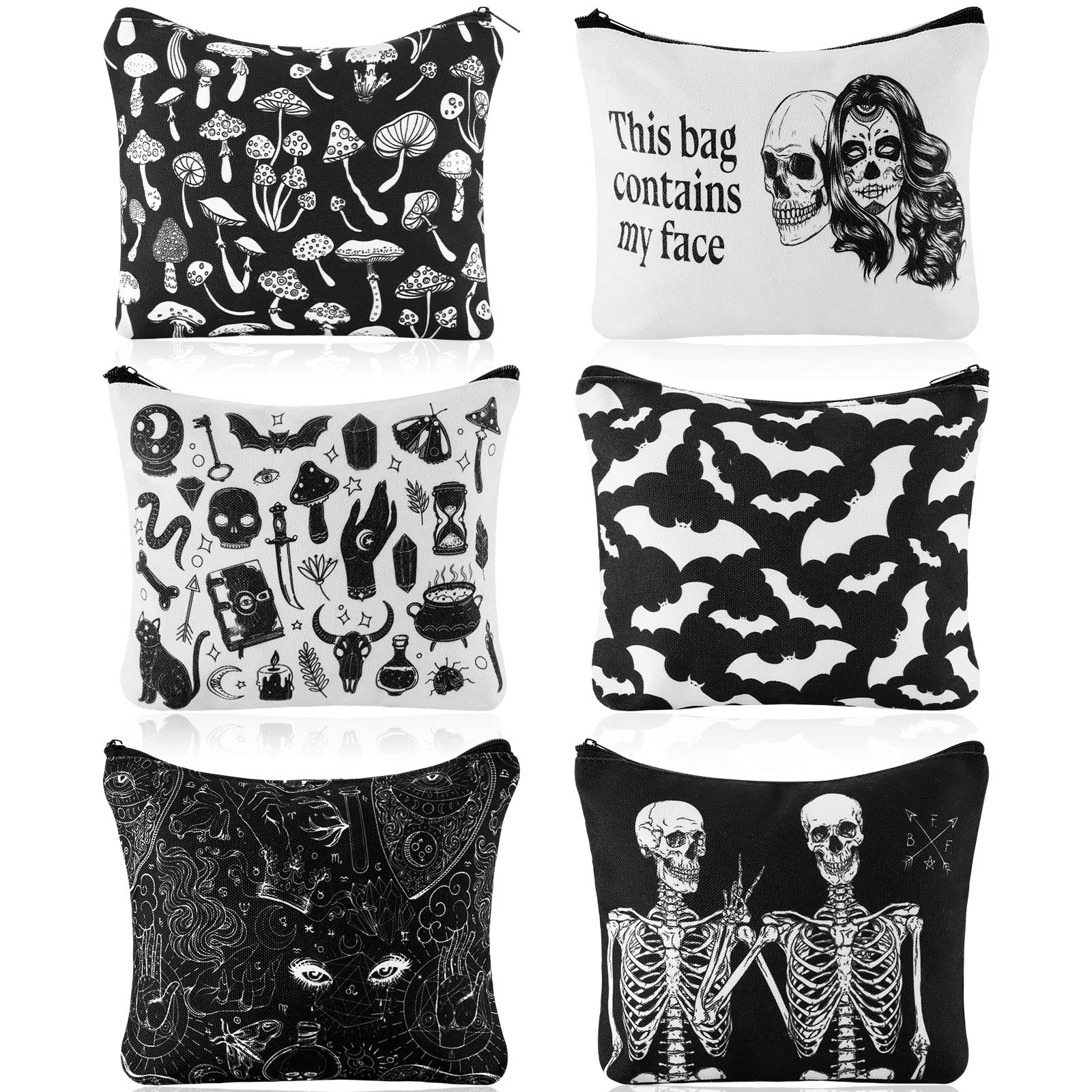 Amylove 6 Pcs Halloween Makeup Bag Goth Bag Gift for Women This Bag Contains My Face Cosmetic Makeup Zipper Pouch Funny Travel Zipper Gothic Purse Bat Mushroom Goth Spooky Gifts for Women Period