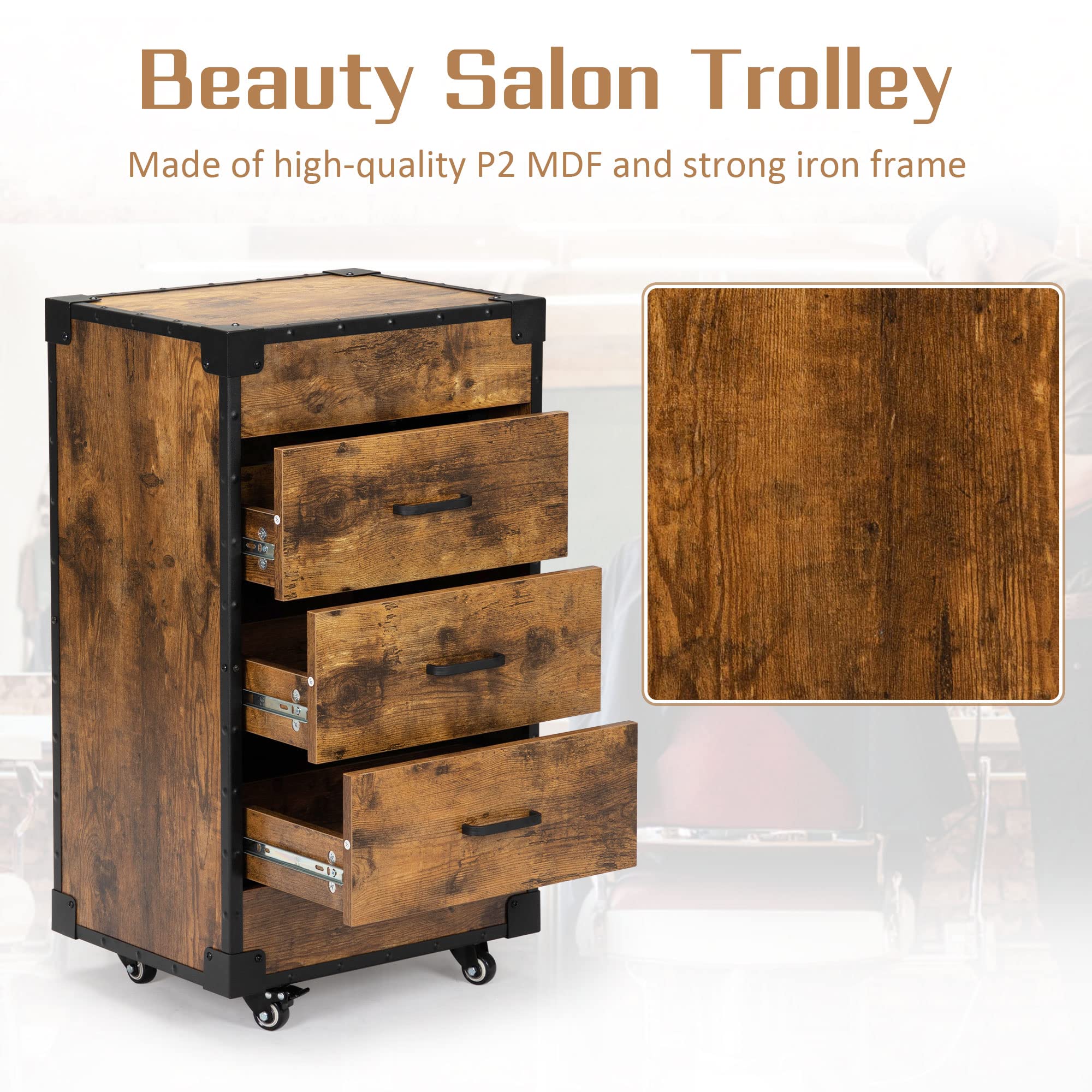 PENNYNANA Rolling Beauty Salon Trolley Cart, Beauty Salon Station with Wheels, Large Storage Space, Power Outlets, Hair Dryer Holders, Salon Spa Equipment, Rustic Brown