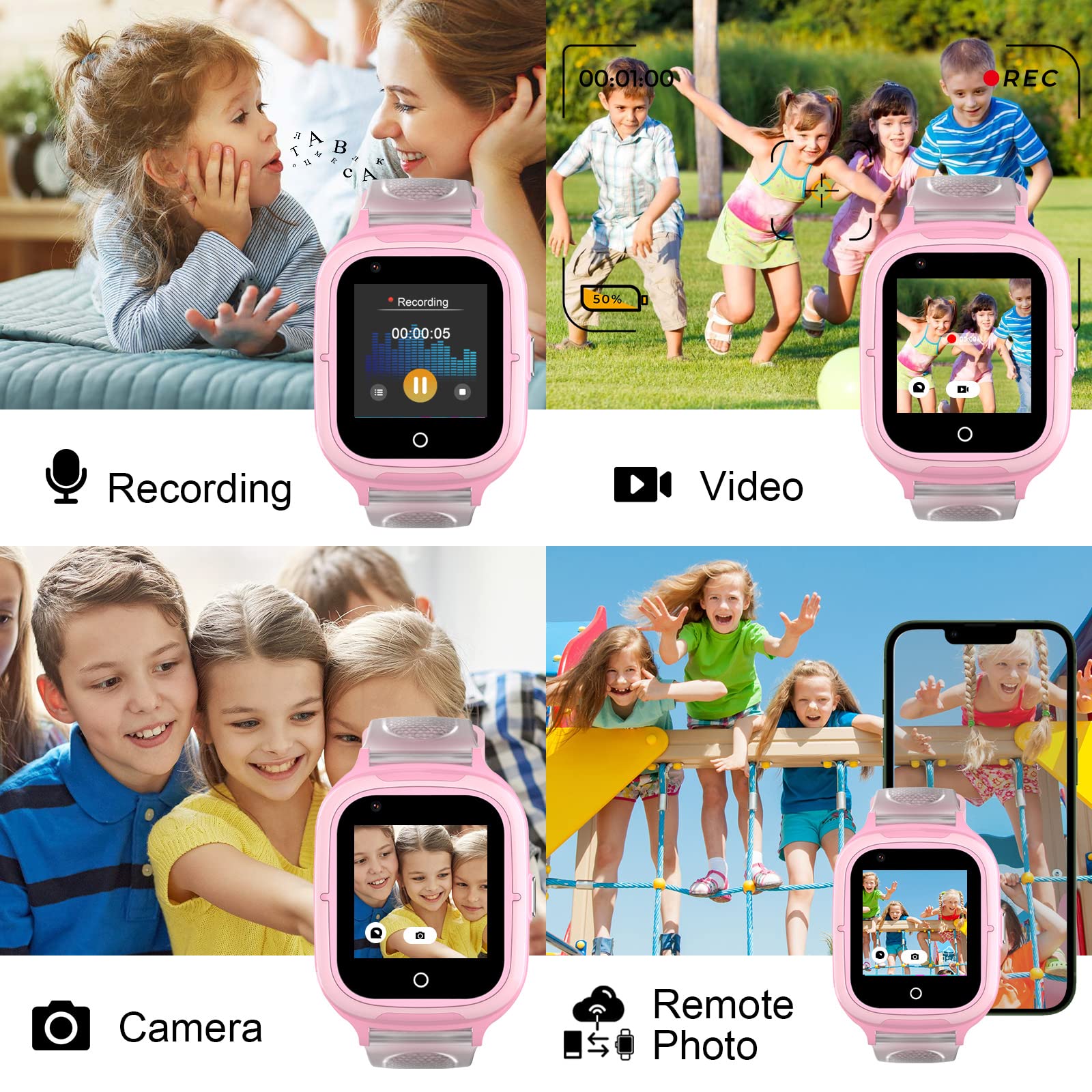 LogHog 4G Smart Watch for Kids Call and Text Boys Girls 4-12 Baby Watches with SIM Card GPS Tracker Touch Screen Kids Phone Watch Voice Video Calling Messaging (Pink)