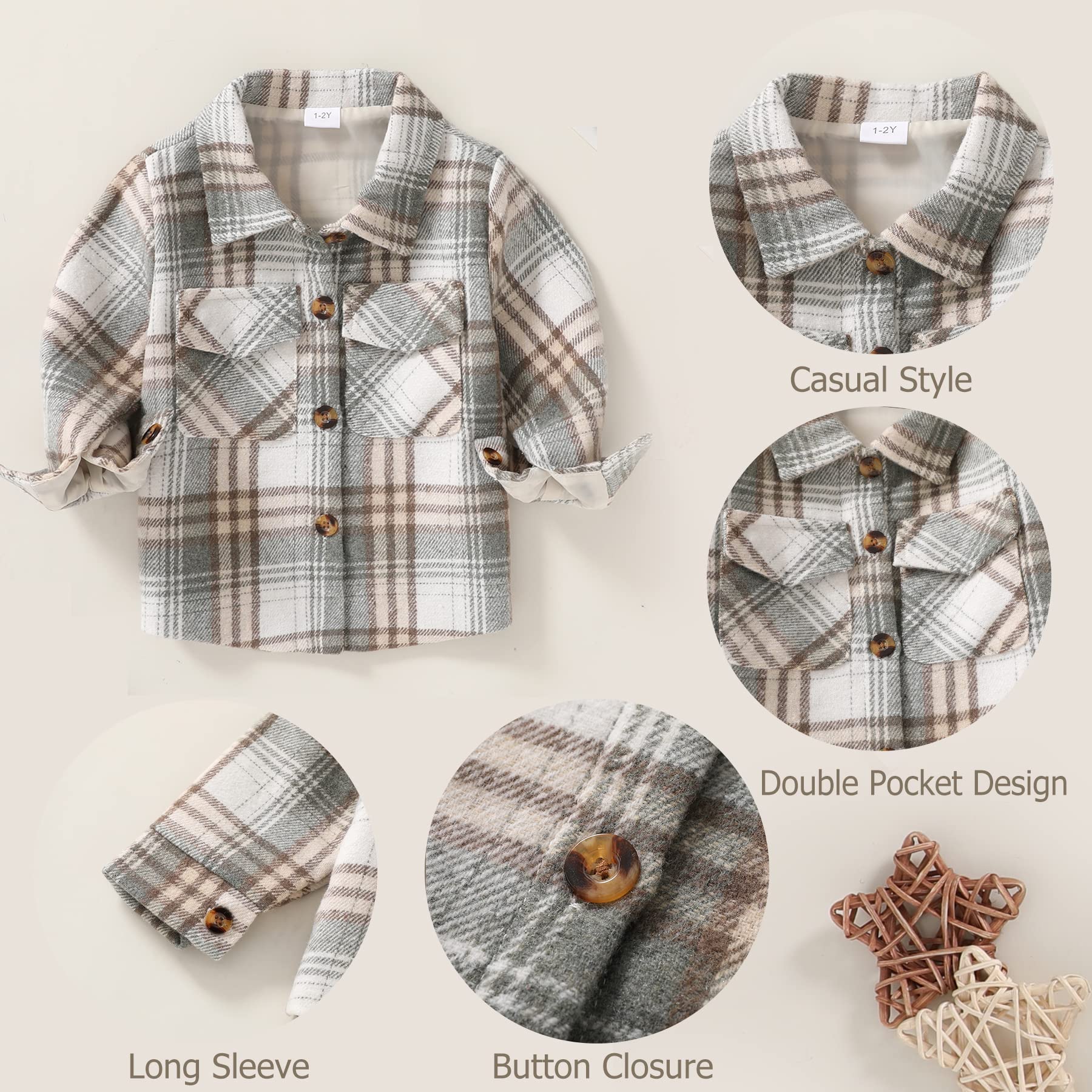 YOUNGER TREE Toddler Baby Boys Girls Jacket Plaid Flannel Long Sleeve Button Down Shacket Kids Boy Coat Fall Winter Top(Grey/Green,3-4T)